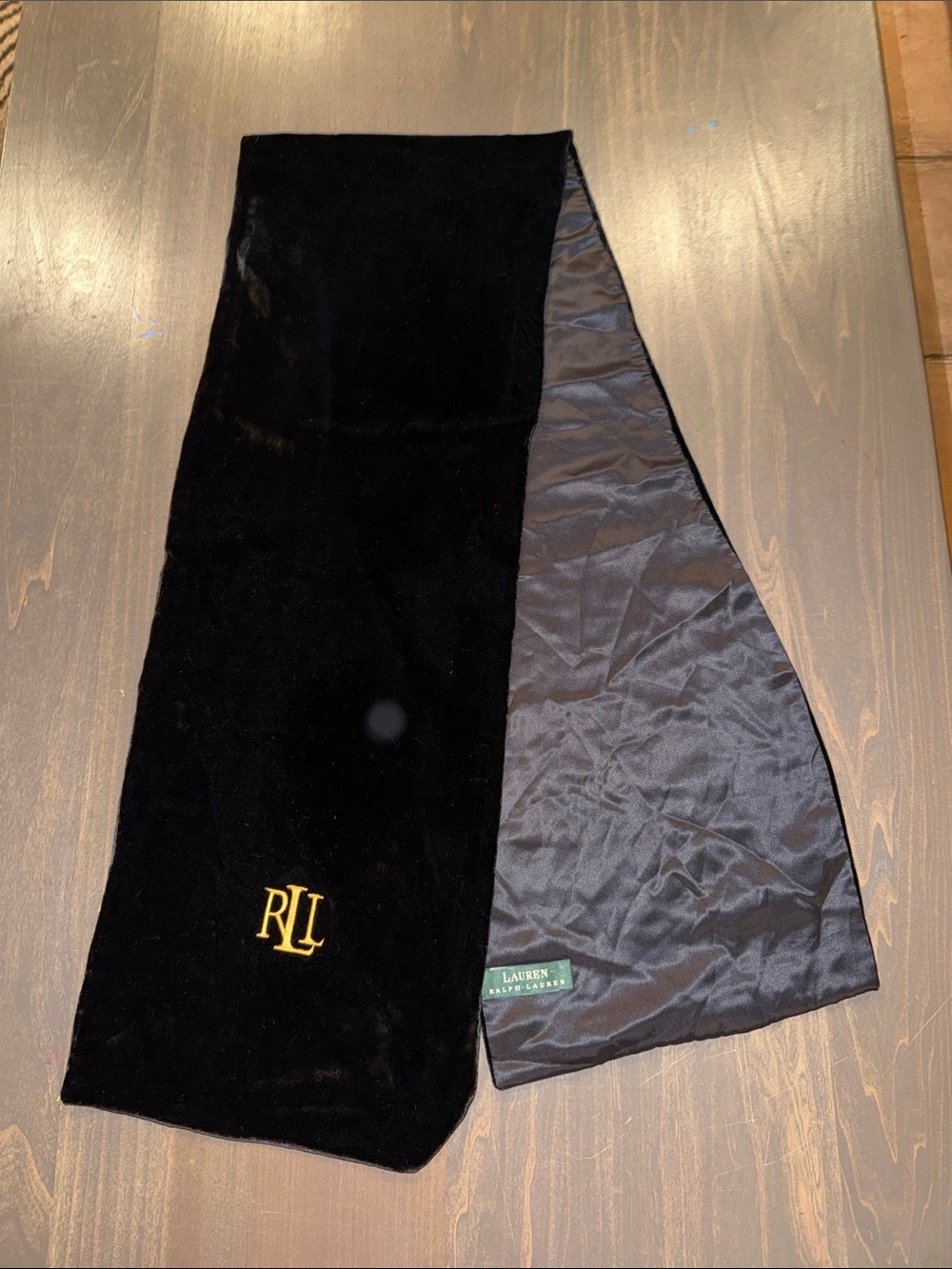 Lauren Black Velvet Scarf with Gold RLL Embroidery